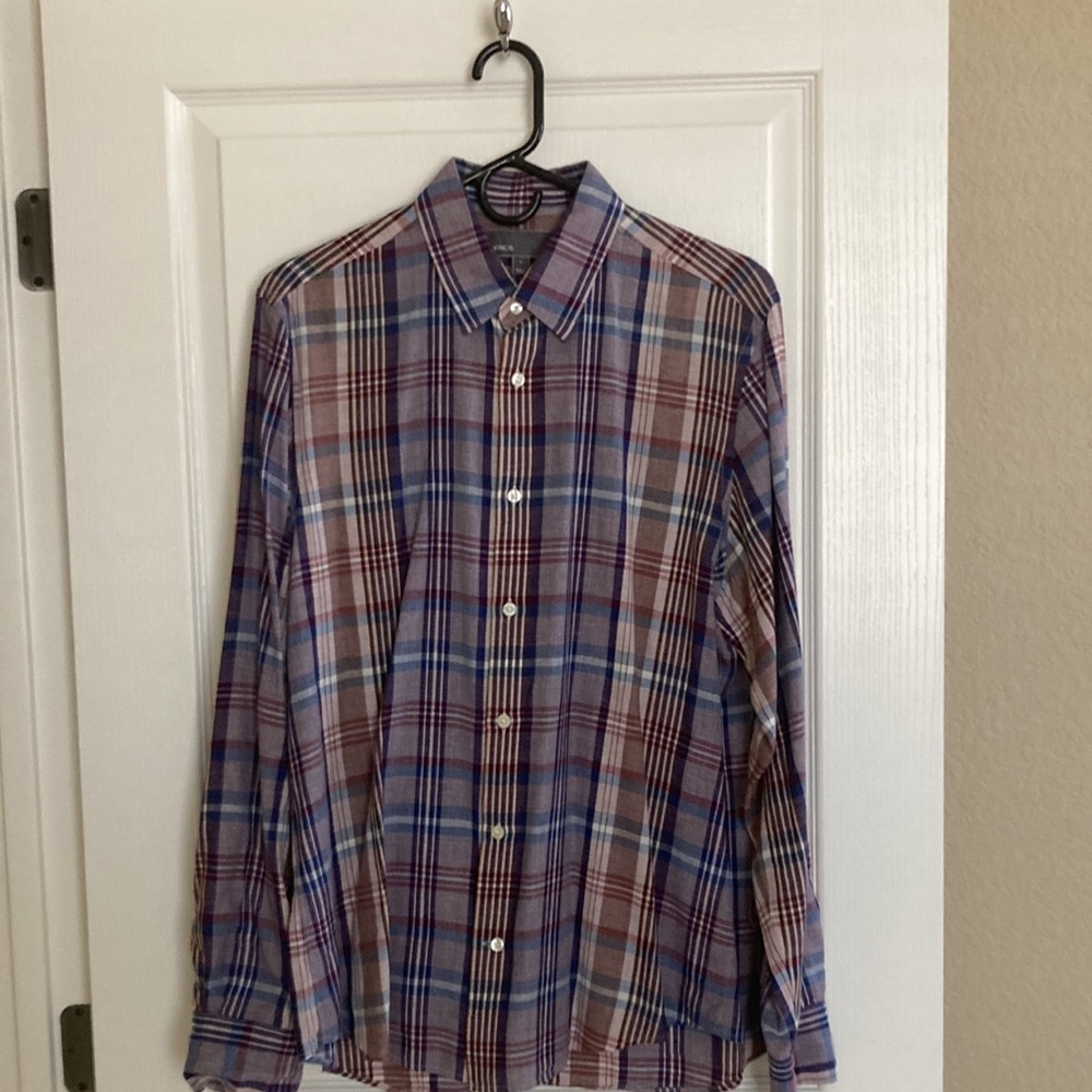 Vince Men's Button Down Plaid Shirt, Cotton/Linen, size L.